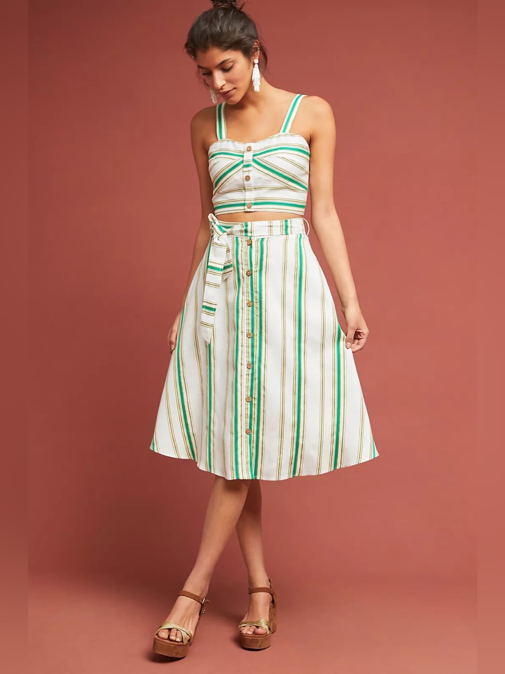NWT Anthropologie Baracoa Set Green White Striped Crop Top Matching Skirt size 6